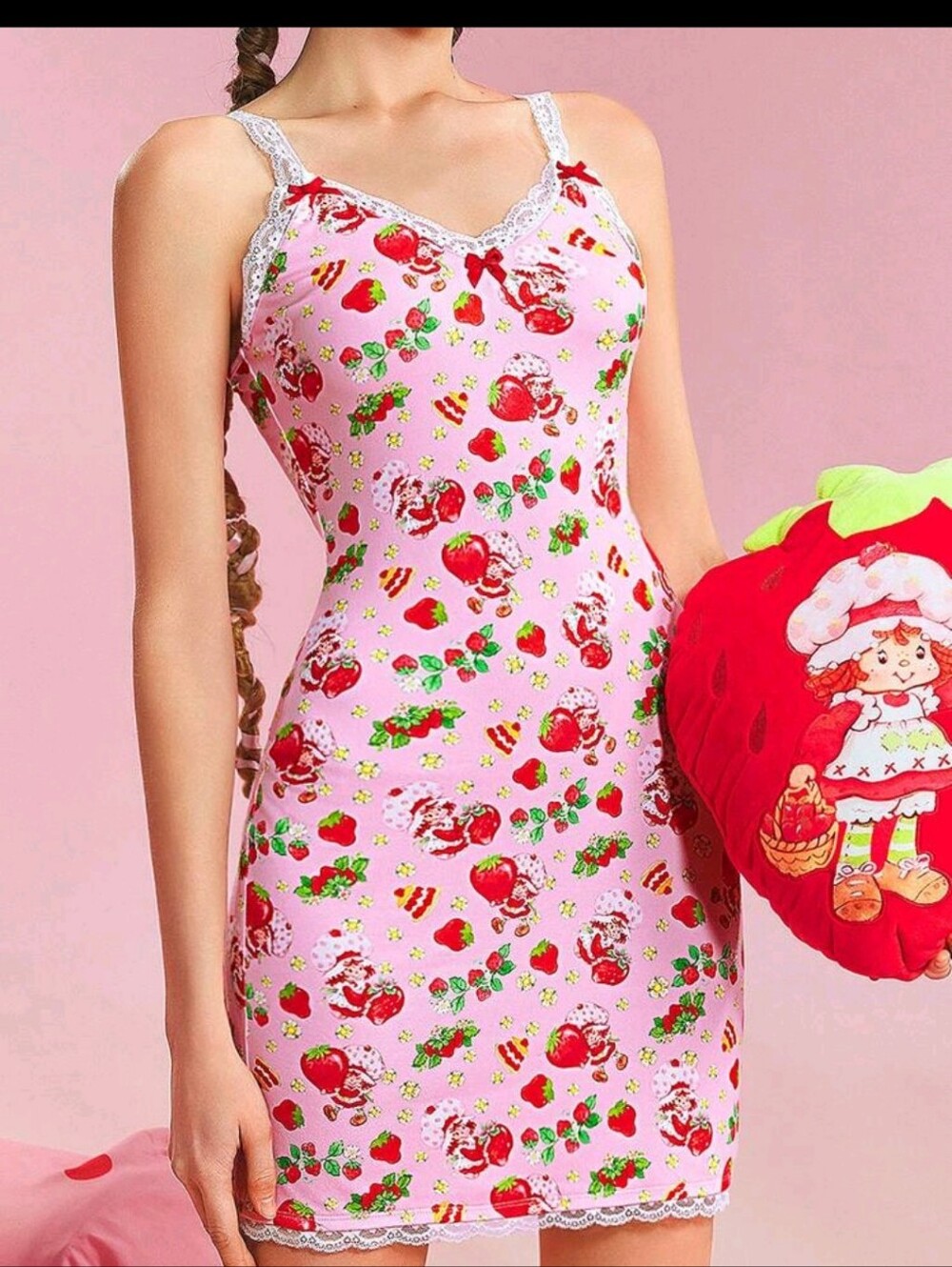 Floral Lace Trim Strawberry Shortcake Nightgown - Pink